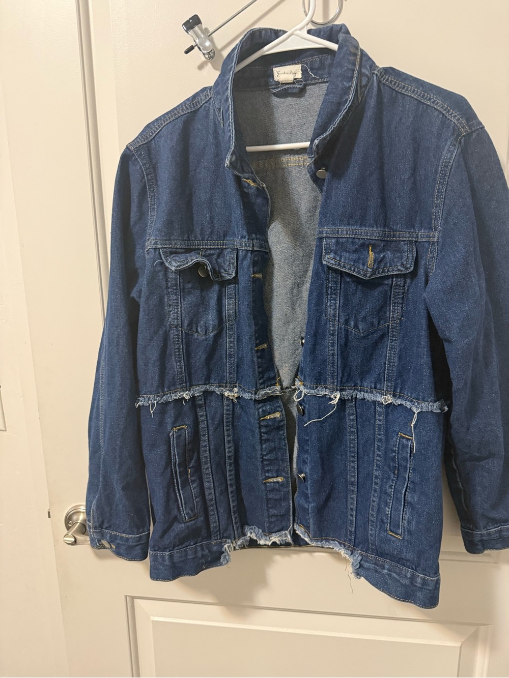 Women's Dark Blue Distressed Denim Jacket with Frayed Waist